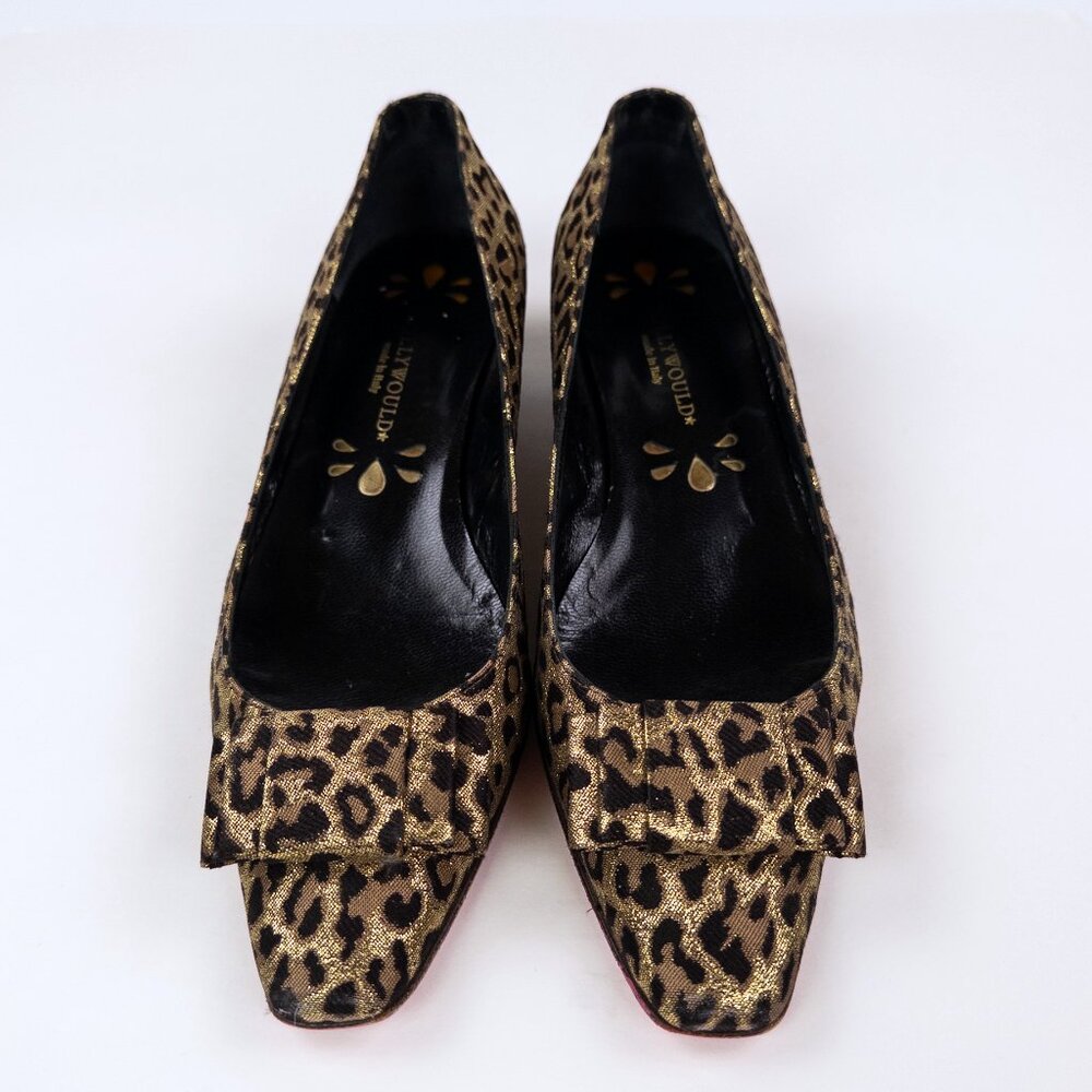 Metallic Gold Leopard Print Bow Flats Low Block Heel EU 38.5